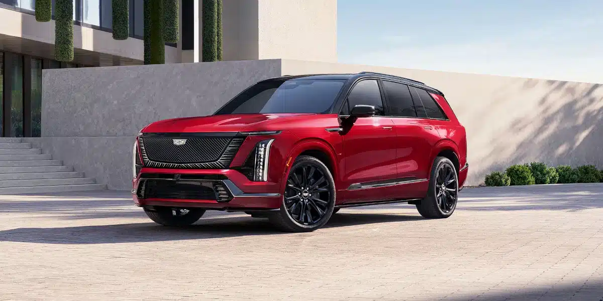 Red Cadillac Vistiq shown from the front three-quarter angle