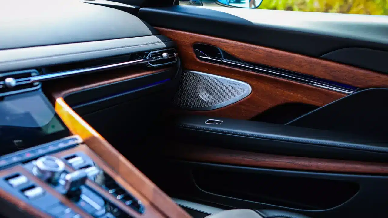 Wood trim and leather inside an Aston Martin Heritage Edition