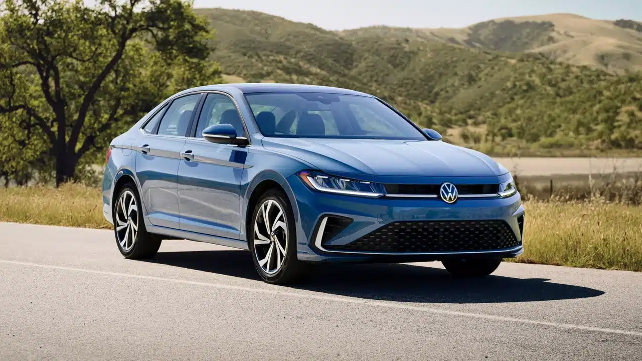 Blue 2027 Volkswagen Jetta parked beside wooded hills