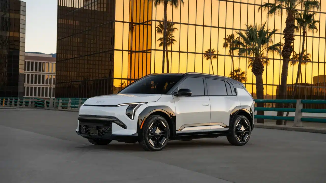 2027 Kia EV3 parked in front of city buildings