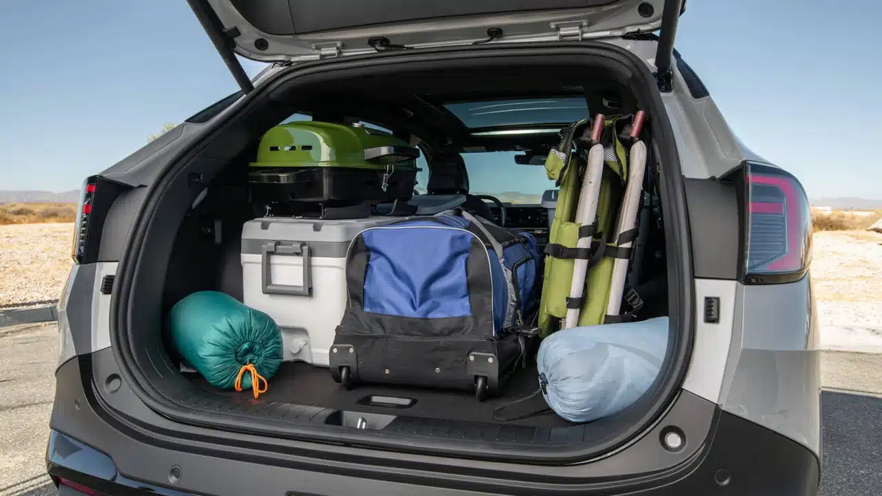 Cargo area of a 2027 Kia Sportage loaded with travel gear
