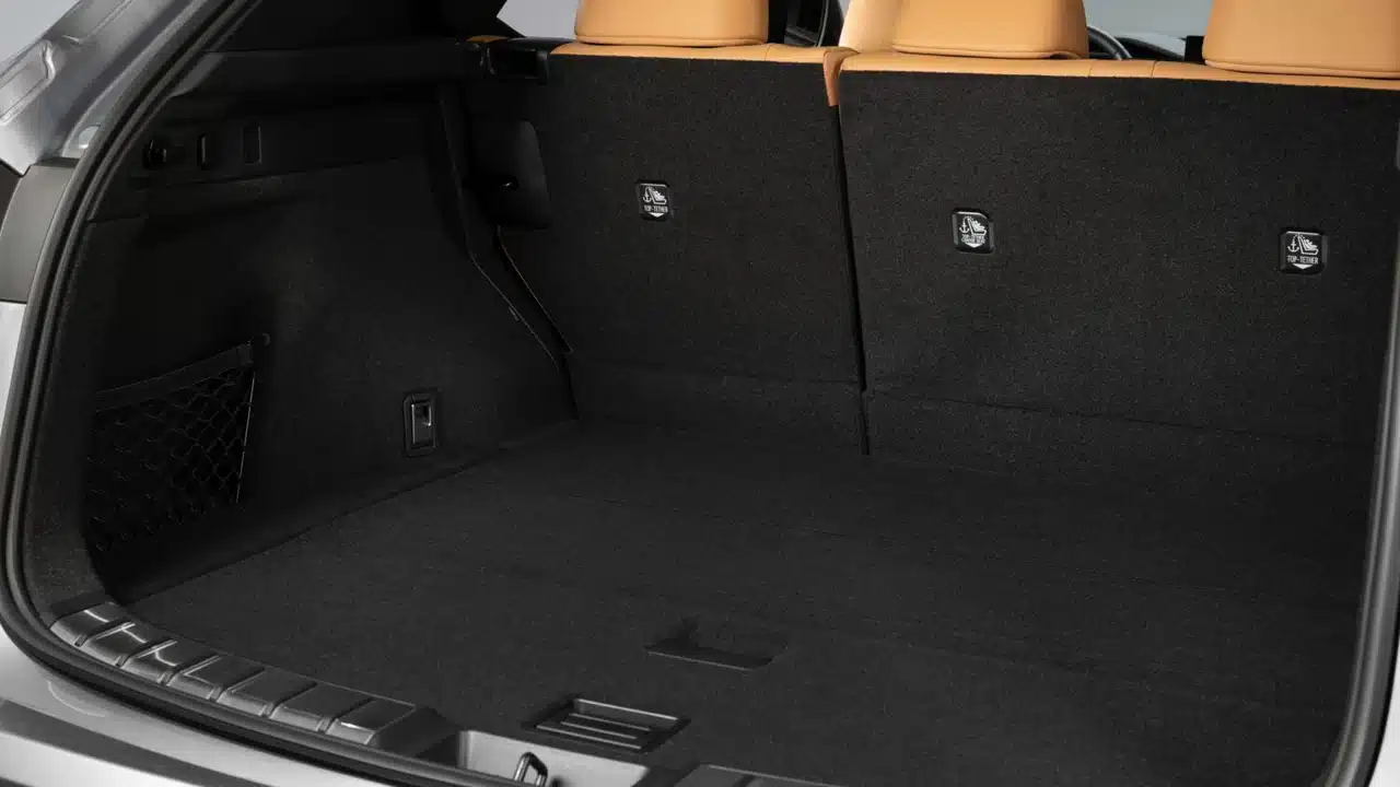 Cargo area of the 2027 Lexus NX 350h with rear seats upright