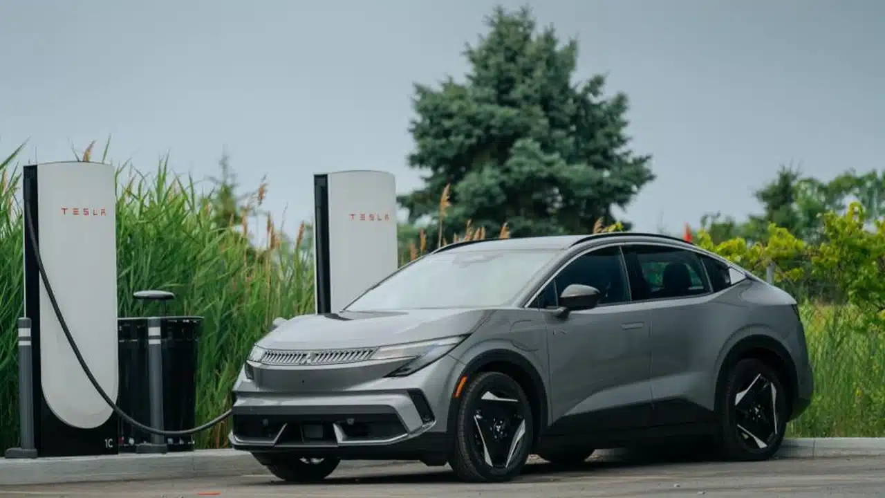2027 Mitsubishi Eclipse Sportback EV connected to a Tesla Supercharger