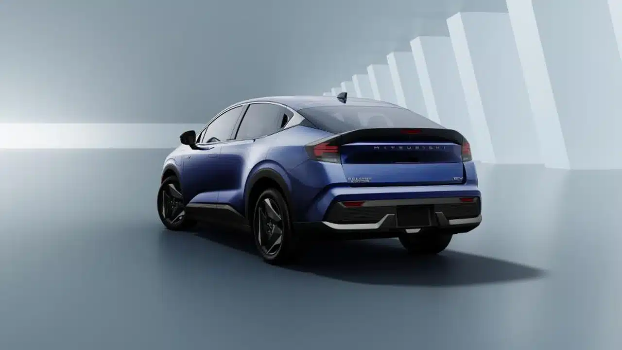 Rear three-quarter view of the blue 2027 Mitsubishi Eclipse Sportback EV