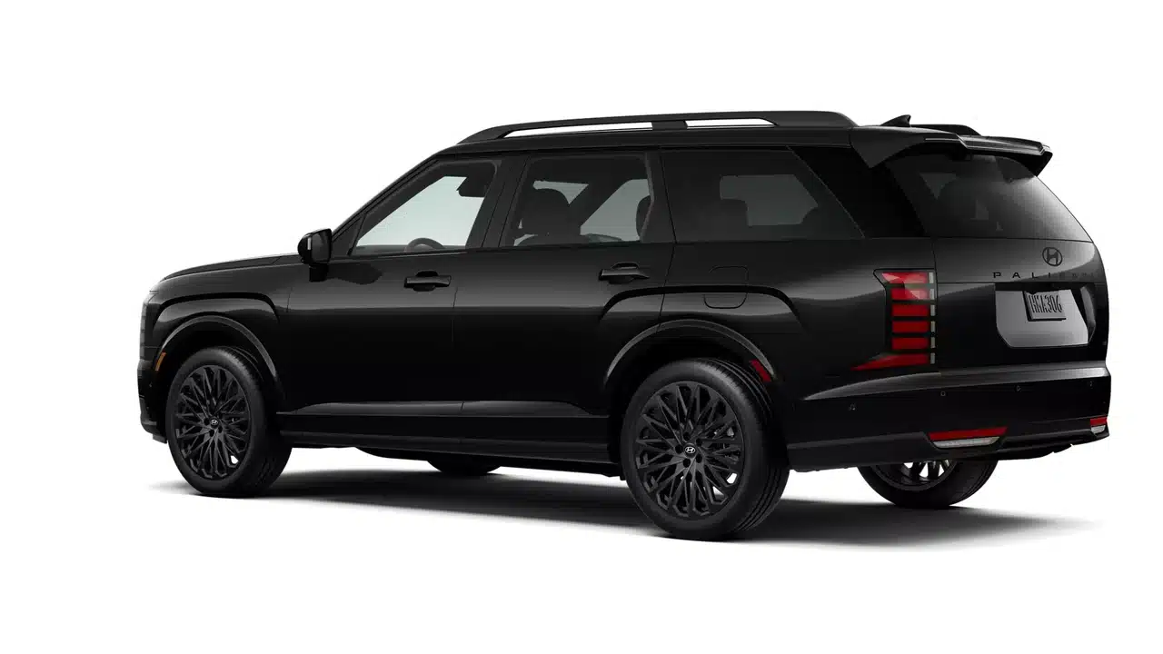 Rear three-quarter rendering of the 2027 Hyundai Palisade Hybrid Calligraphy Black Ink