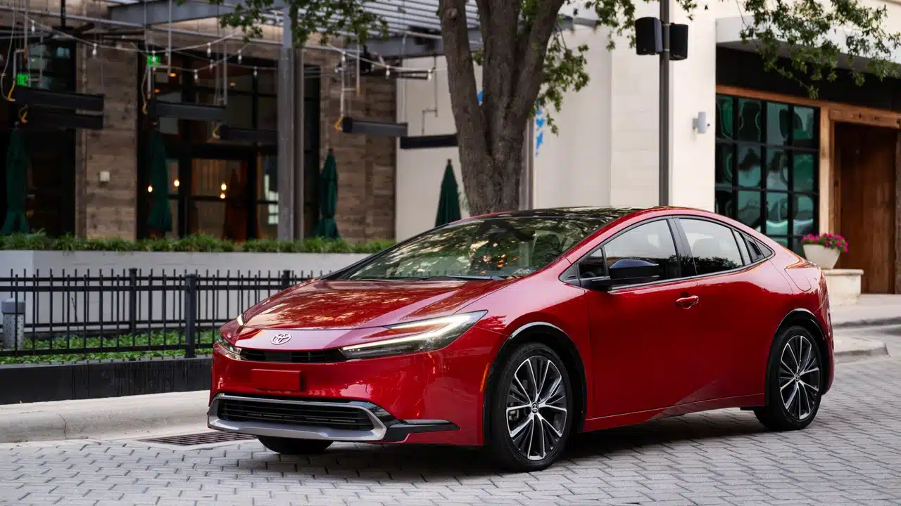 Red 2027 Toyota Prius parked on a city street