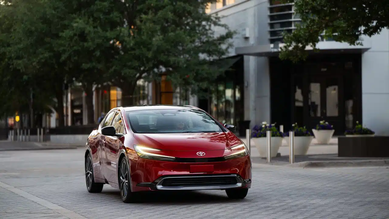 Red 2027 Toyota Prius driving on a city street