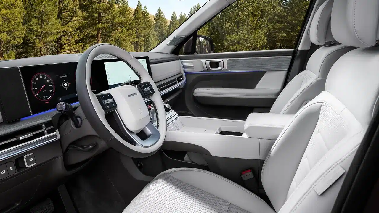 2027 Hyundai Santa Fe Calligraphy front cabin with light leather seats