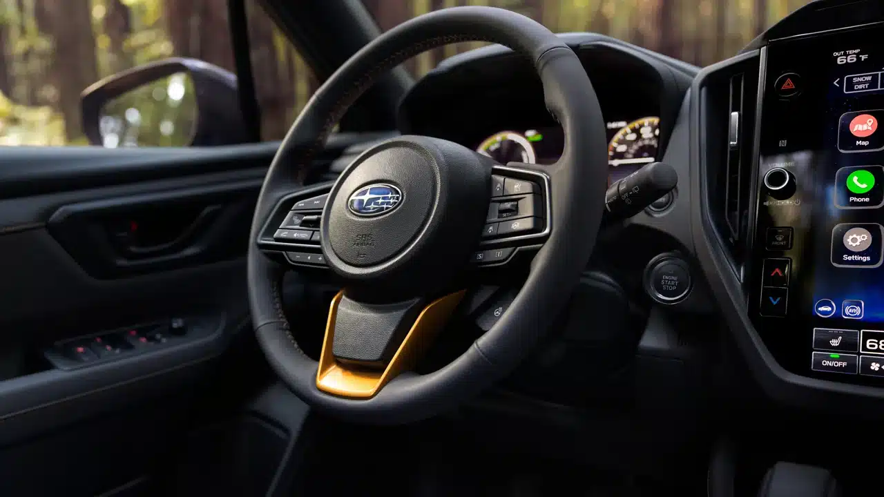 Steering wheel and center touchscreen in the 2027 Subaru Forester Wilderness