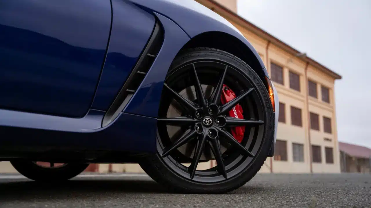 Brembo brake caliper and wheel on a blue 2027 Toyota GR86