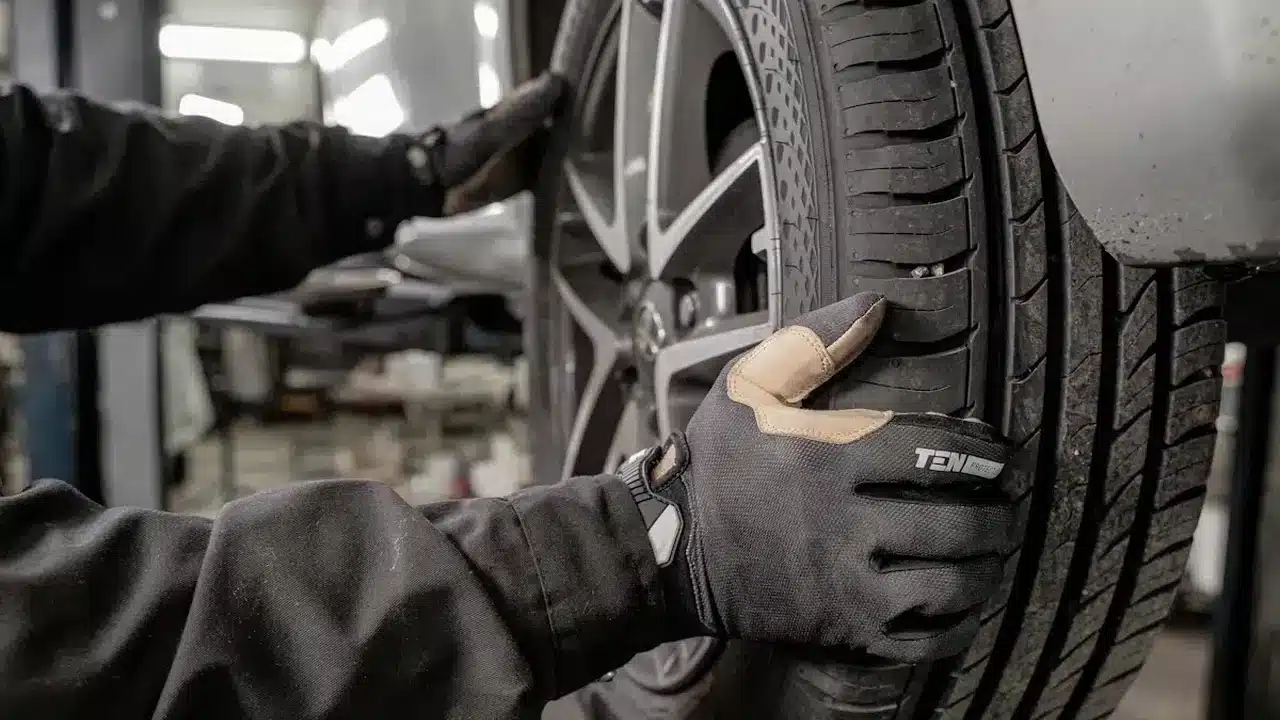 Technician handling a vehicle tire