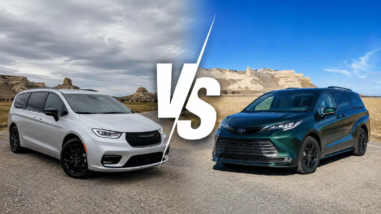Chrysler Pacifica and Toyota Sienna facing each other with a white VS divider