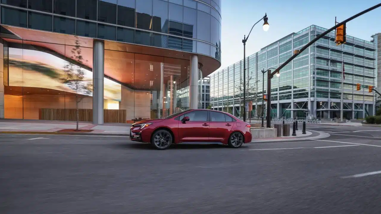 2027 Toyota Corolla Hybrid SE AWD driving through a city intersection