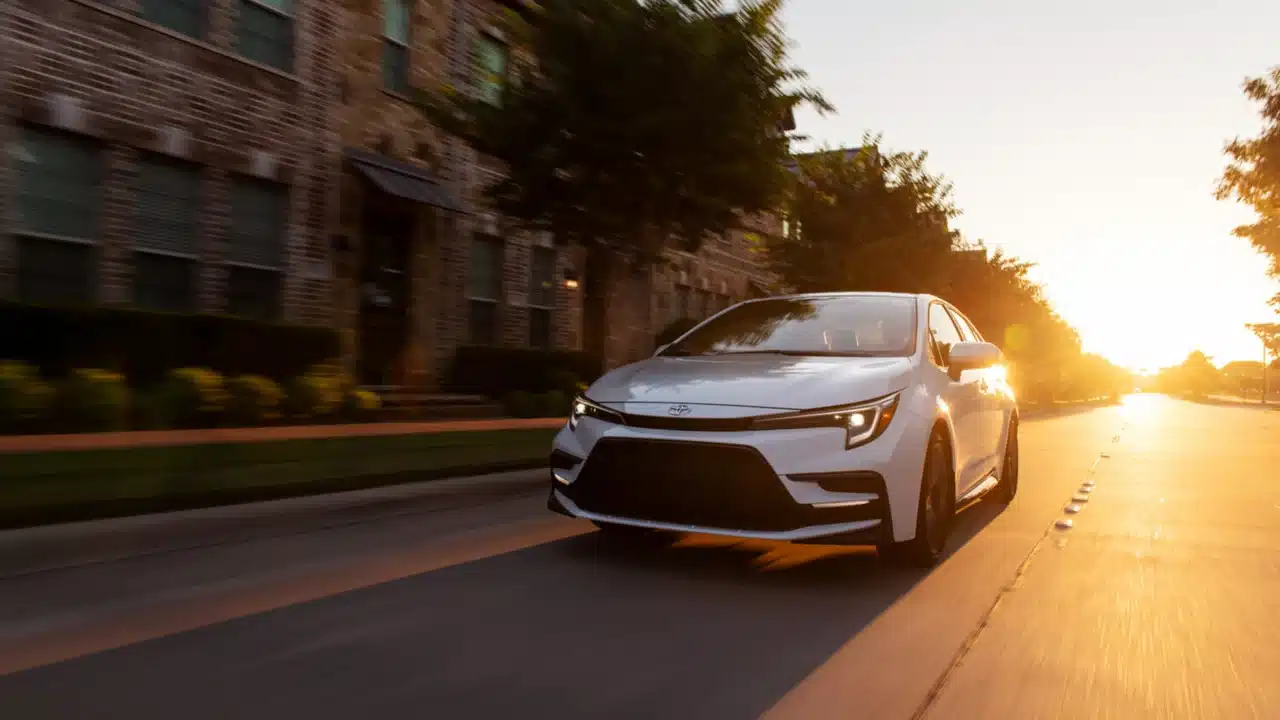 White 2027 Toyota Corolla XSE driving on a road at sunset