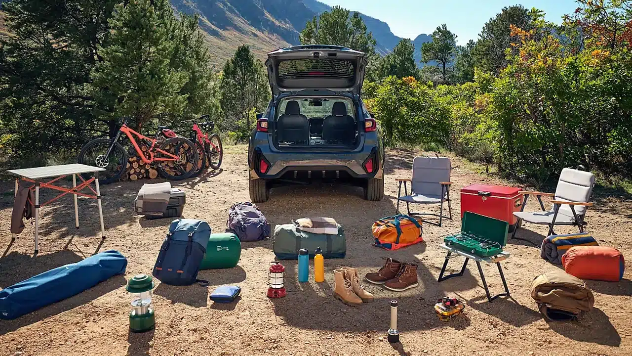 2026 Subaru Crosstrek with hatch open and camping gear