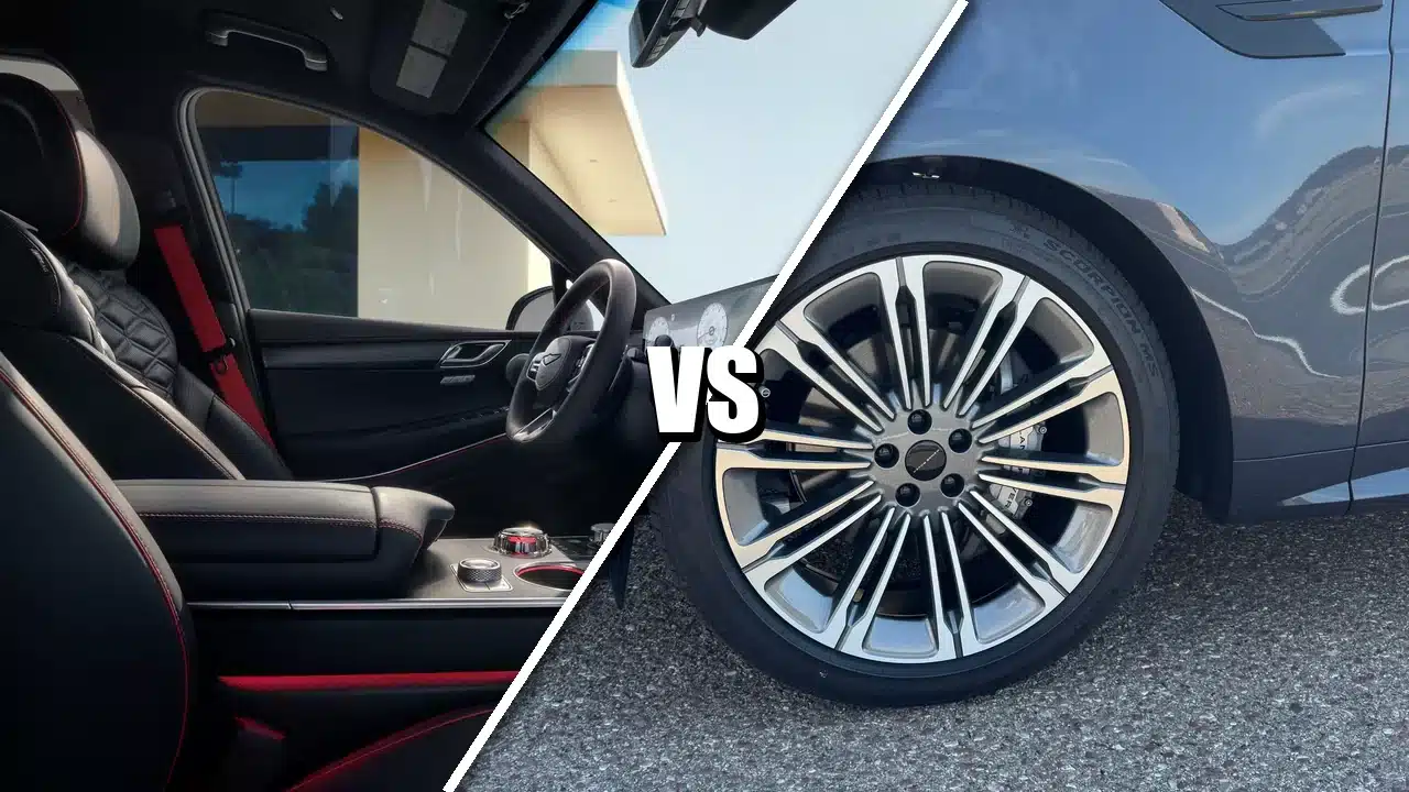 Genesis GV80 Coupe front cabin and Range Rover Sport wheel