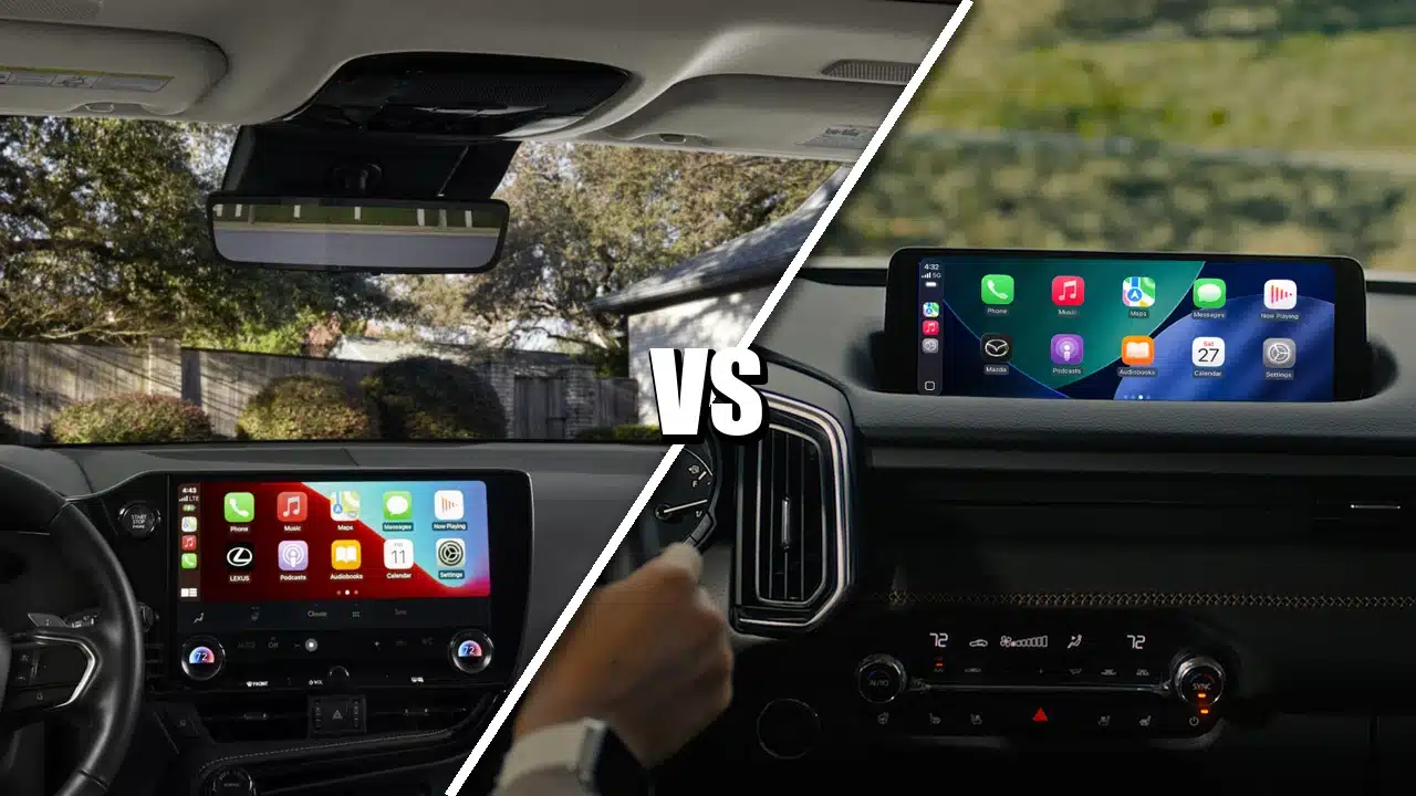 Lexus NX dashboard at left and Mazda CX-50 Hybrid dashboard at right