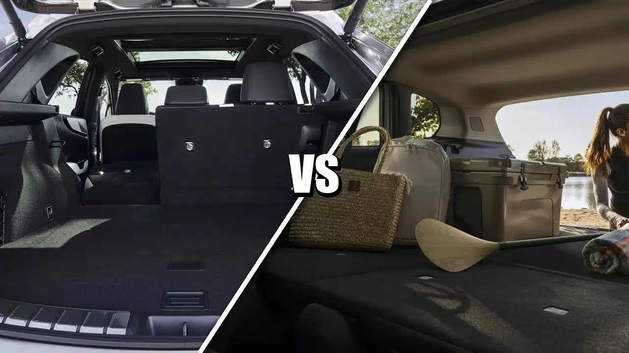 Lexus NX cargo area at left and Mazda CX-50 Hybrid cargo area at right with rear seats folded