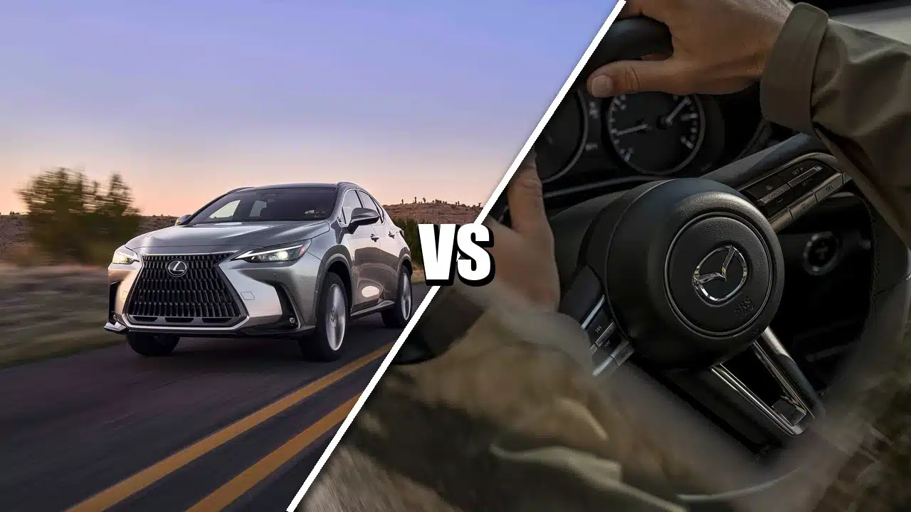 Lexus NX 350h on the road at left and Mazda CX-50 Hybrid steering controls at right