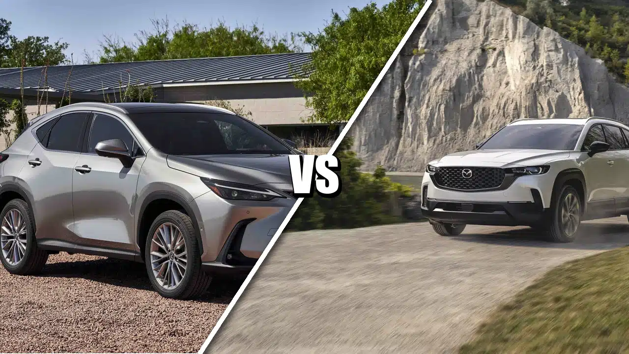 Lexus NX 350h at left facing Mazda CX-50 Hybrid at right