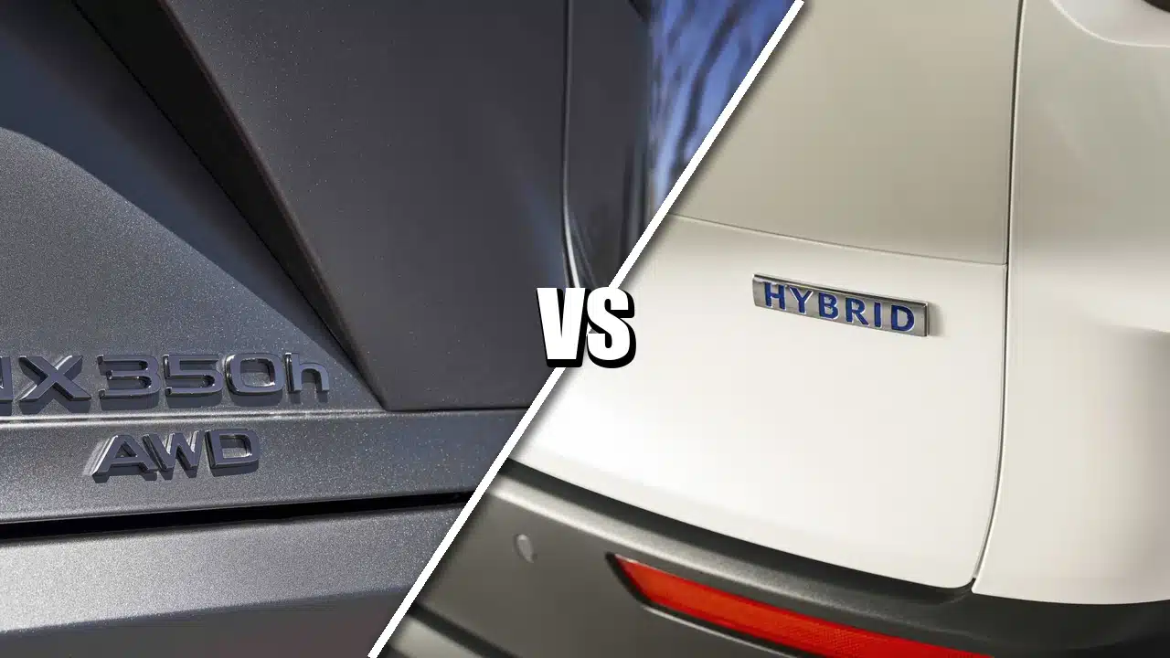 Lexus NX 350h AWD badge at left and Mazda CX-50 Hybrid badge at right