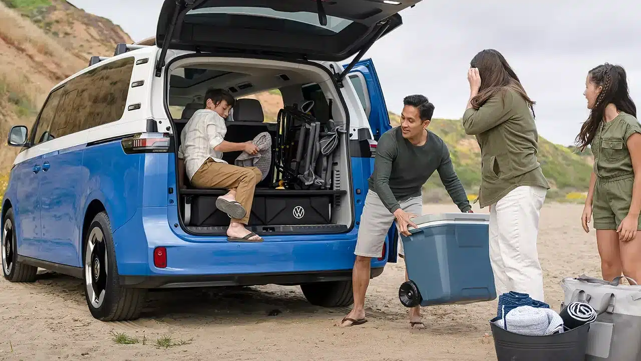 Open cargo hatch on a 2025 Volkswagen ID. Buzz