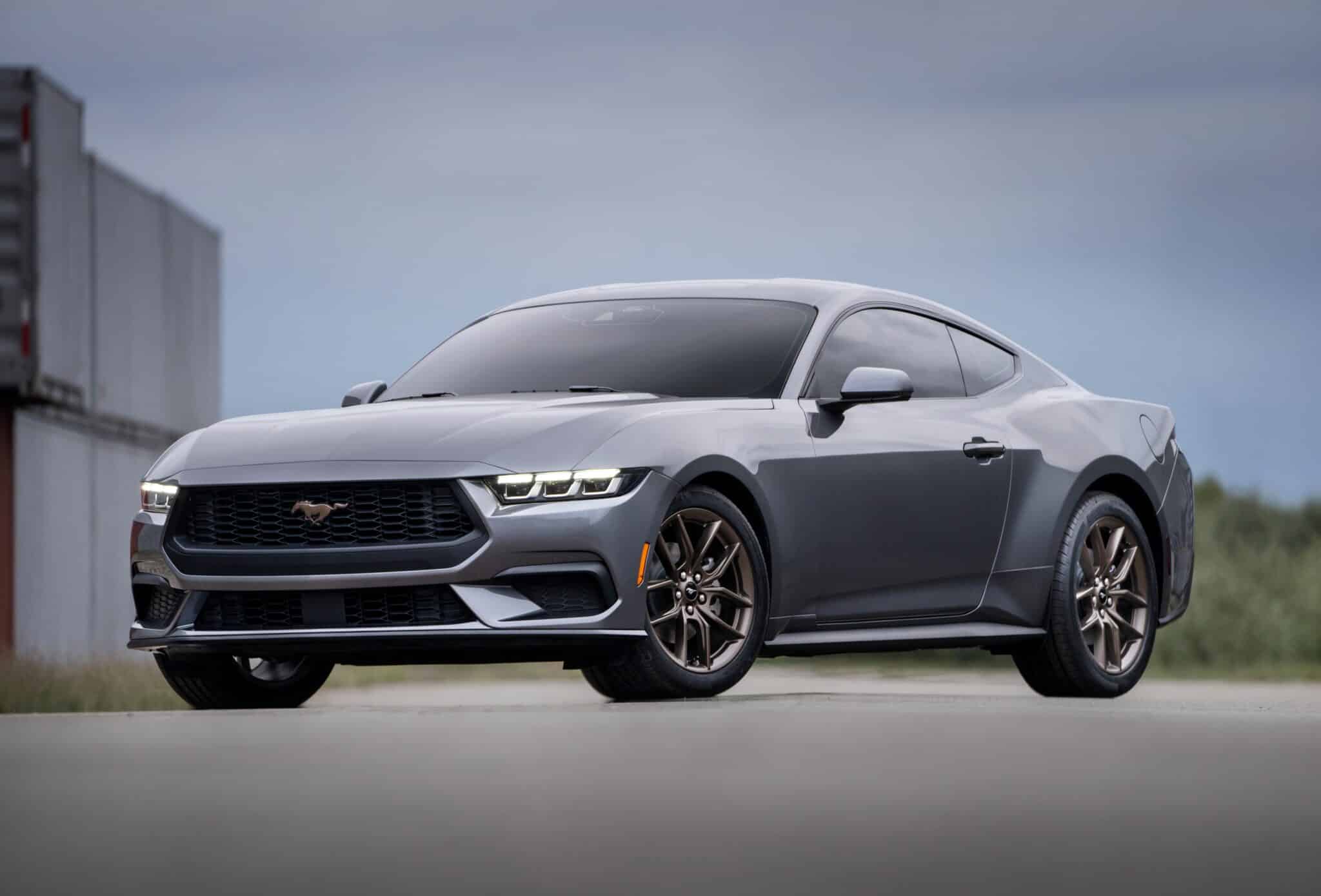 Front three-quarter view of a pre-production 2024 Ford Mustang EcoBoost