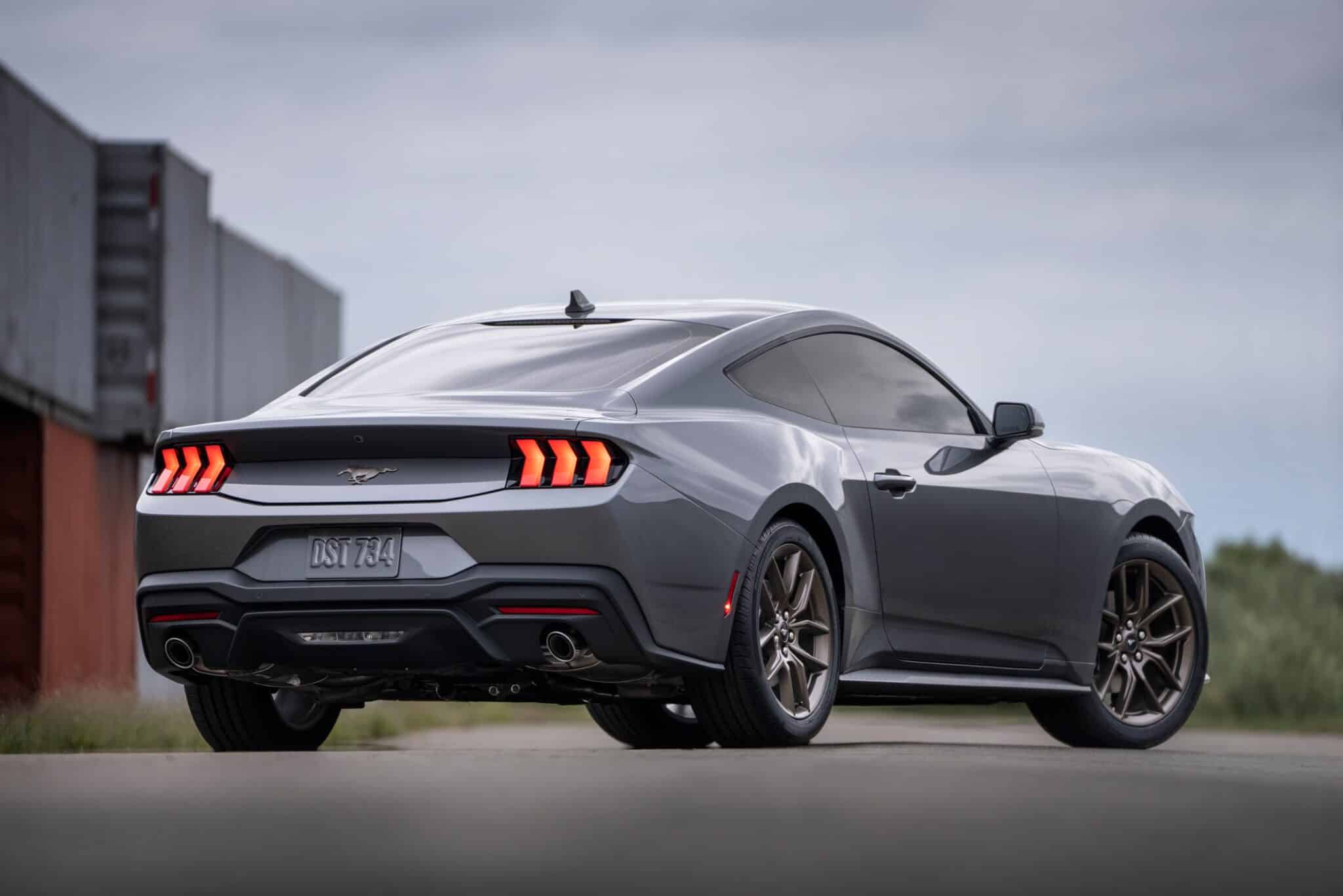 Rear three-quarter view of a pre-production 2024 Ford Mustang EcoBoost