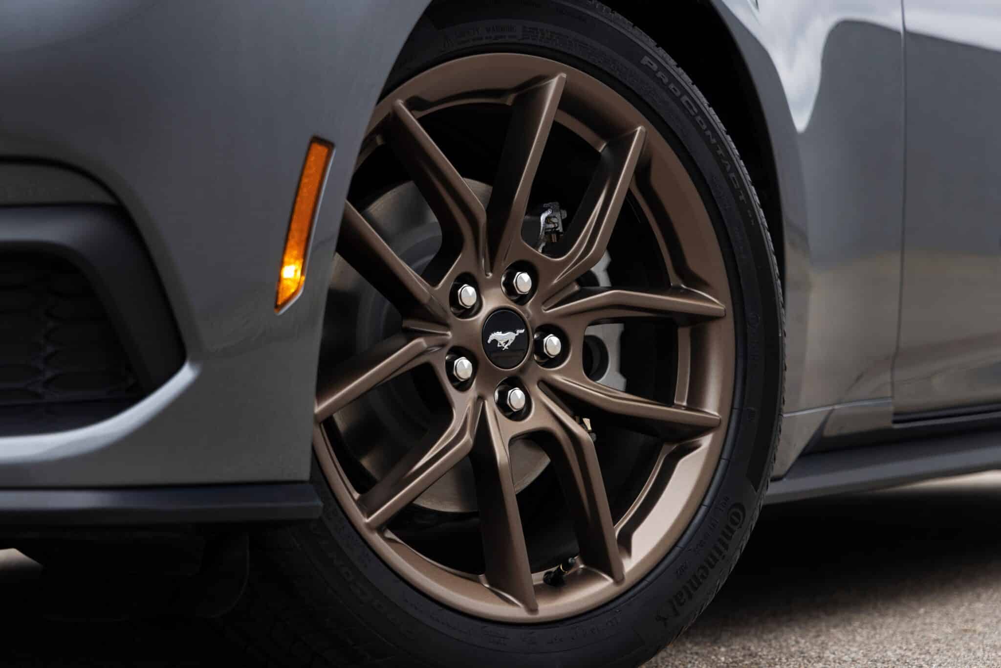 Front wheel detail of a pre-production 2024 Ford Mustang EcoBoost