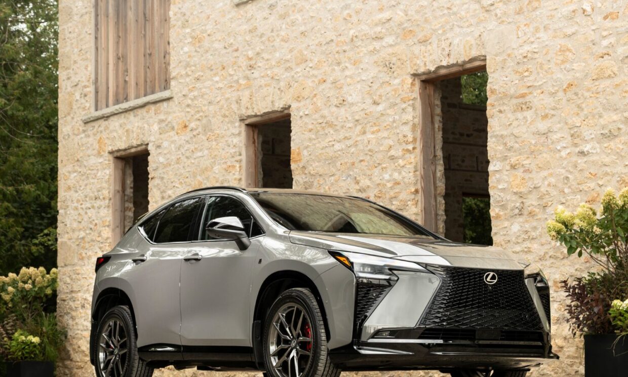 Front three-quarter view of the gray 2027 Lexus NX 350h F Sport