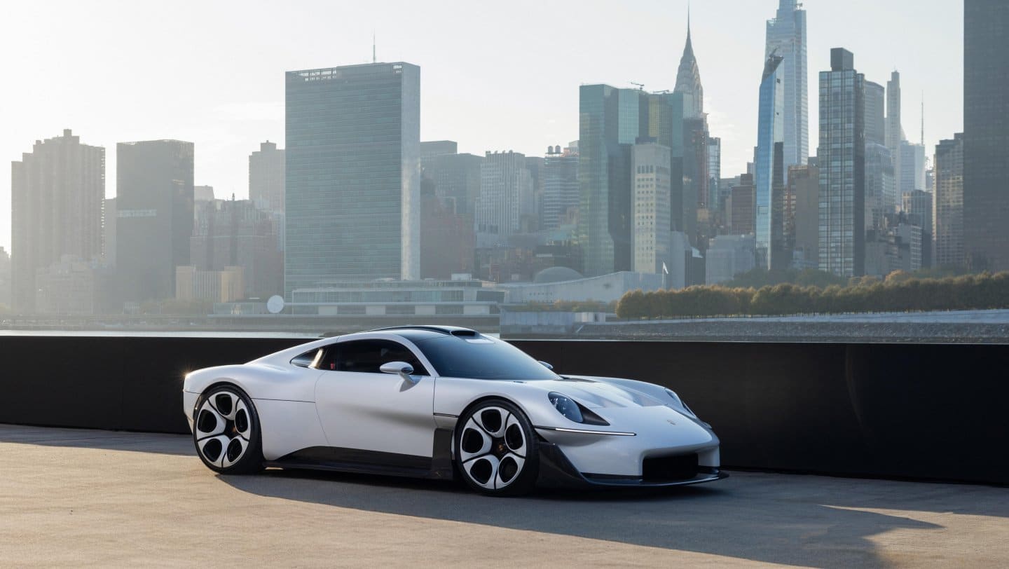 Porsche Mission S on a Queens pier with the Manhattan skyline in the background