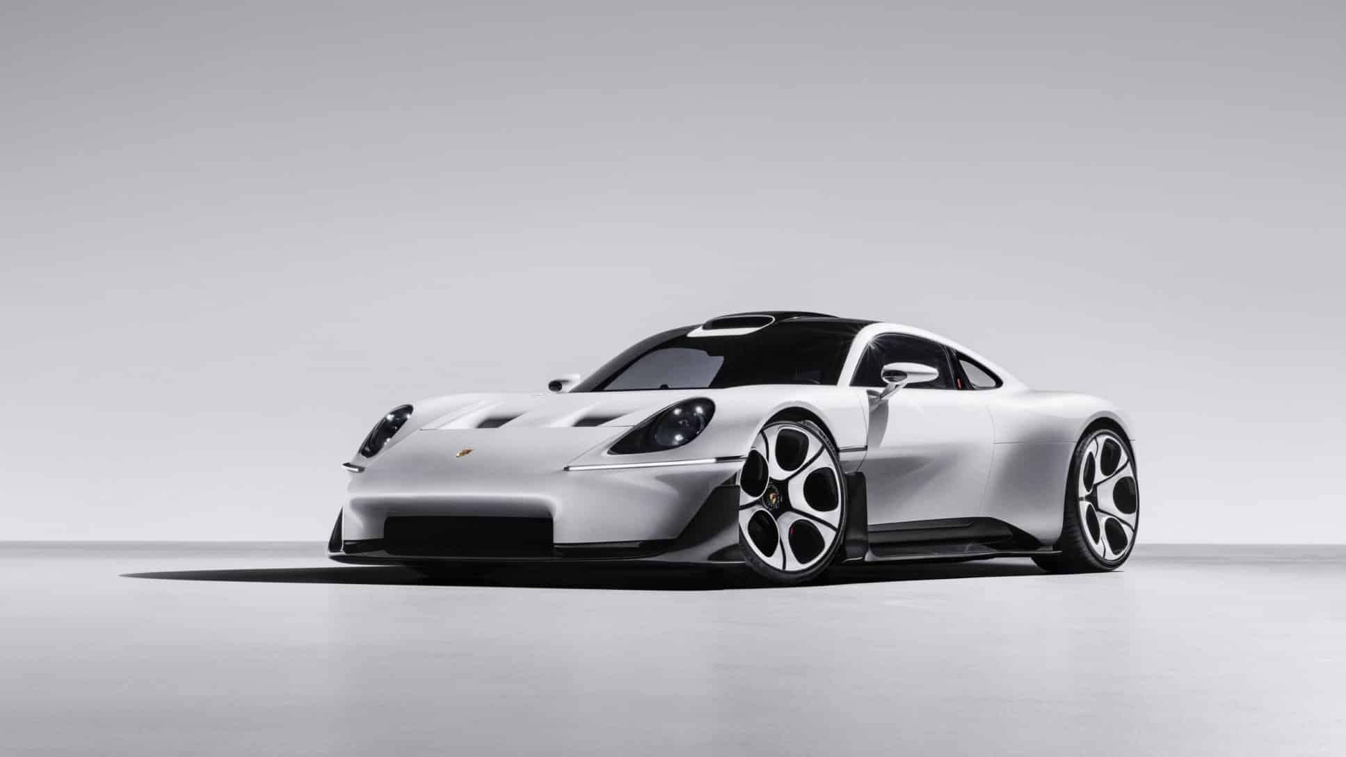 White Porsche Mission S concept shown from the front with round headlights and five-hole wheels