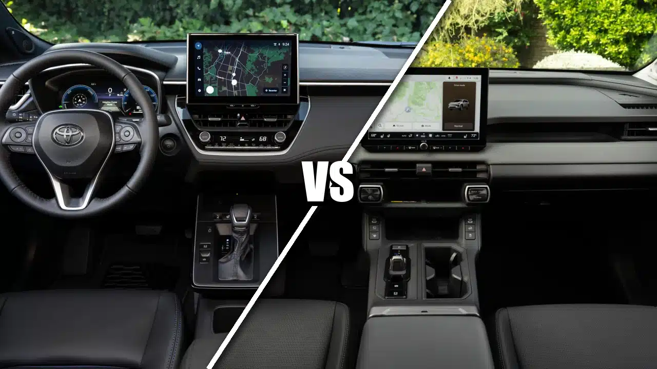 Corolla Cross XSE dashboard at left and RAV4 Limited dashboard at right