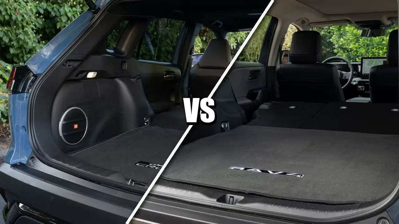 Corolla Cross Hybrid cargo area at left and RAV4 cargo area at right with rear seats folded