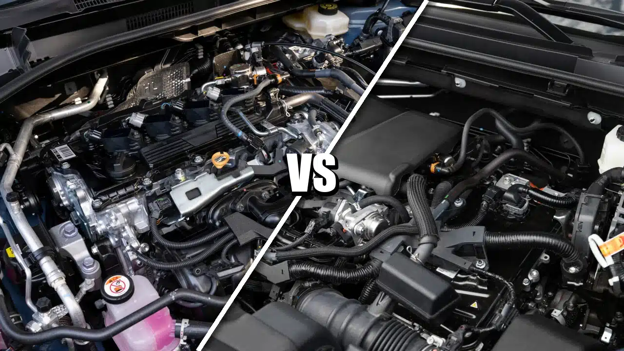 Corolla Cross Hybrid engine bay at left compared with RAV4 Hybrid engine bay at right