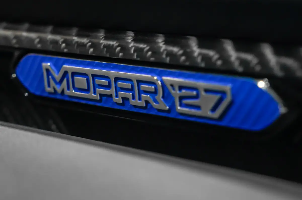 Blue Mopar 27 badge in the 2026 SEMA teaser. Photo courtesy of Stellantis.
